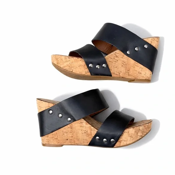 Lucky Brand Magnolia Cork Wedge Sandals Black Leather Slides Boho Comfort Size 8 - Picture 5 of 13